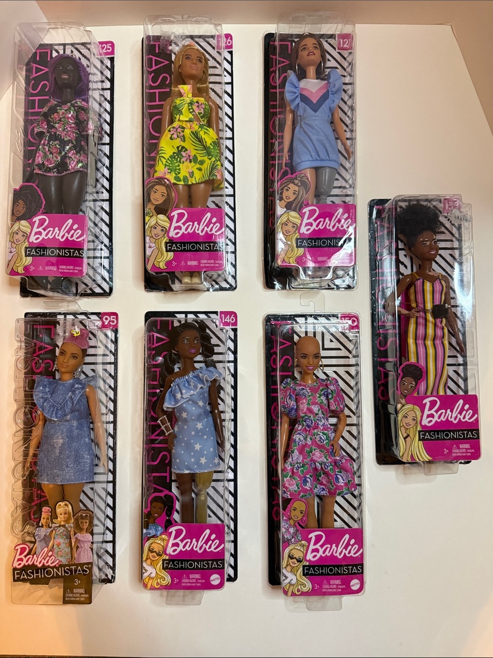 (7) Barbie FASHIONISTAS NWT. Mattel collection of Barbies celebrating diversity.
